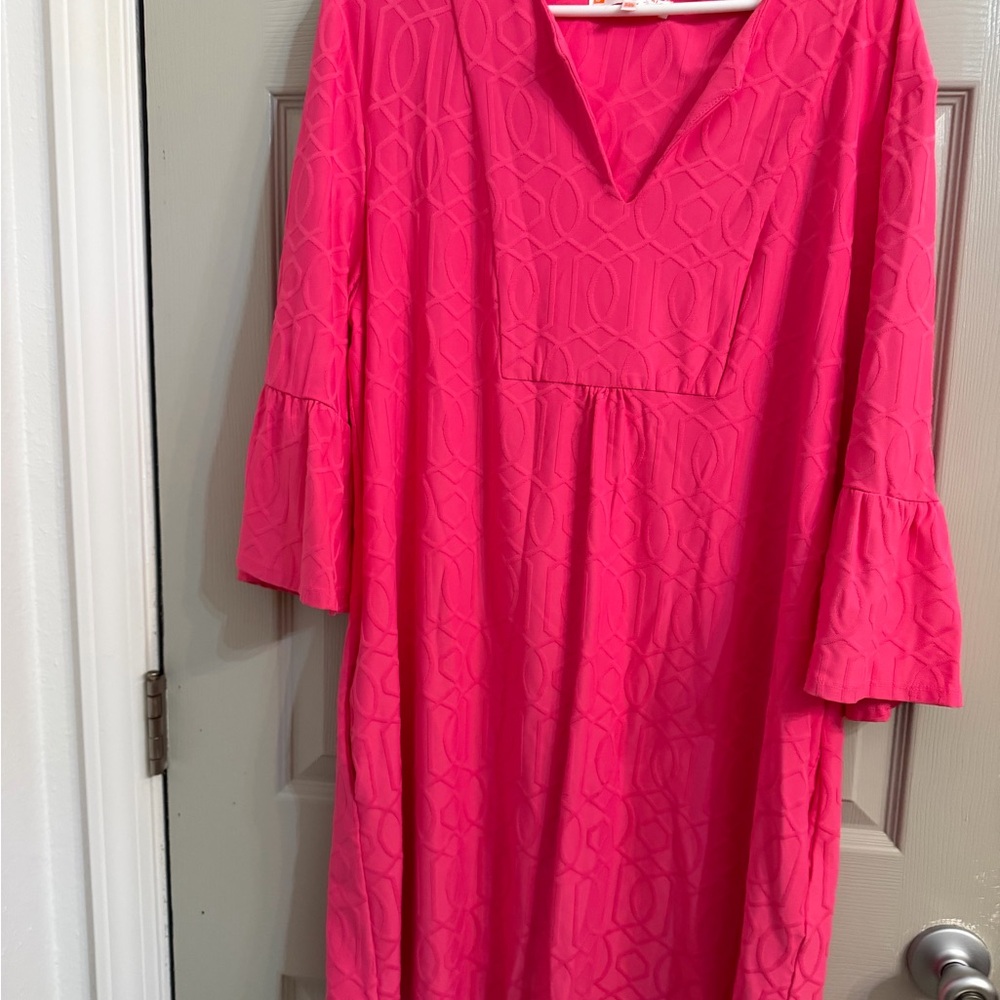 Worn once to a wedding. Jude Connally Hot Pink Textured V-Neck Midi Dress